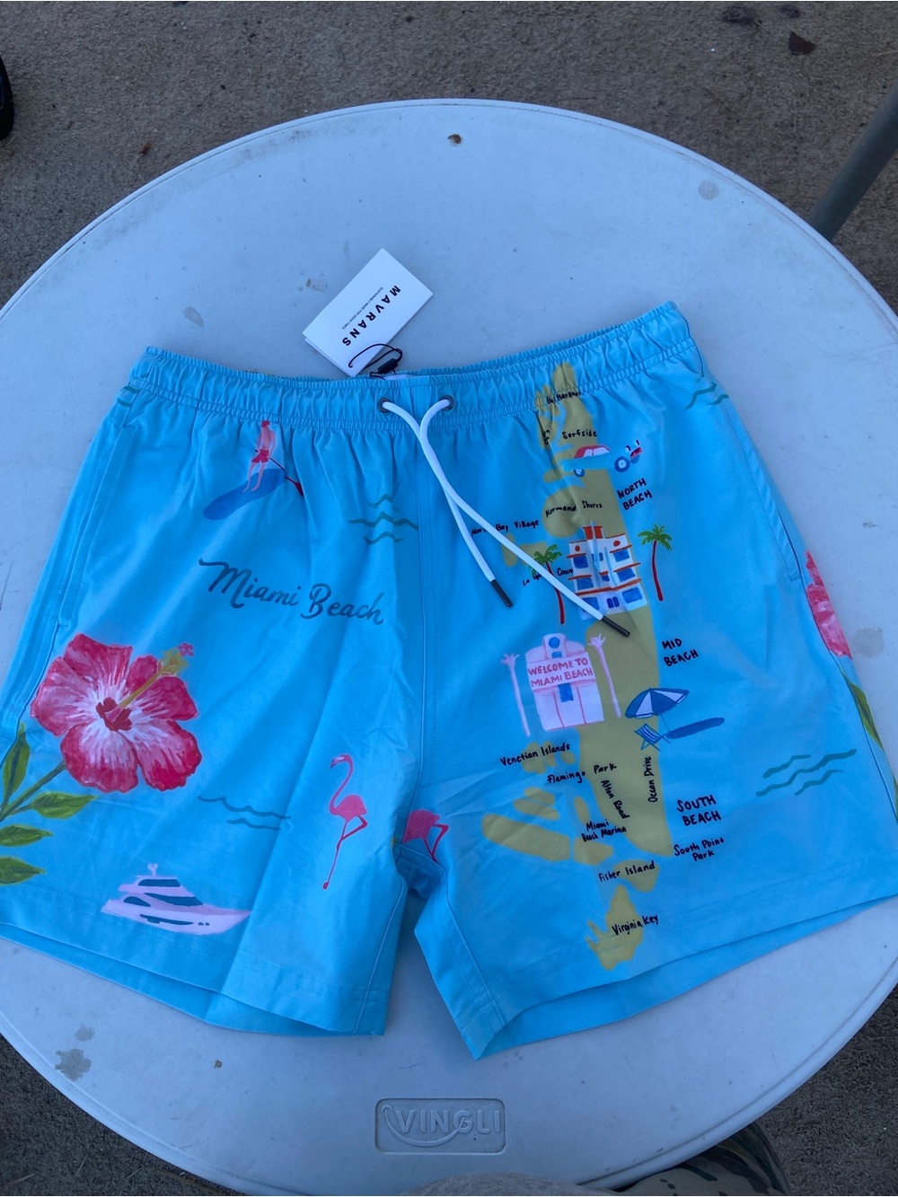 Men's Blue Miami Beach Print Swim Trunks